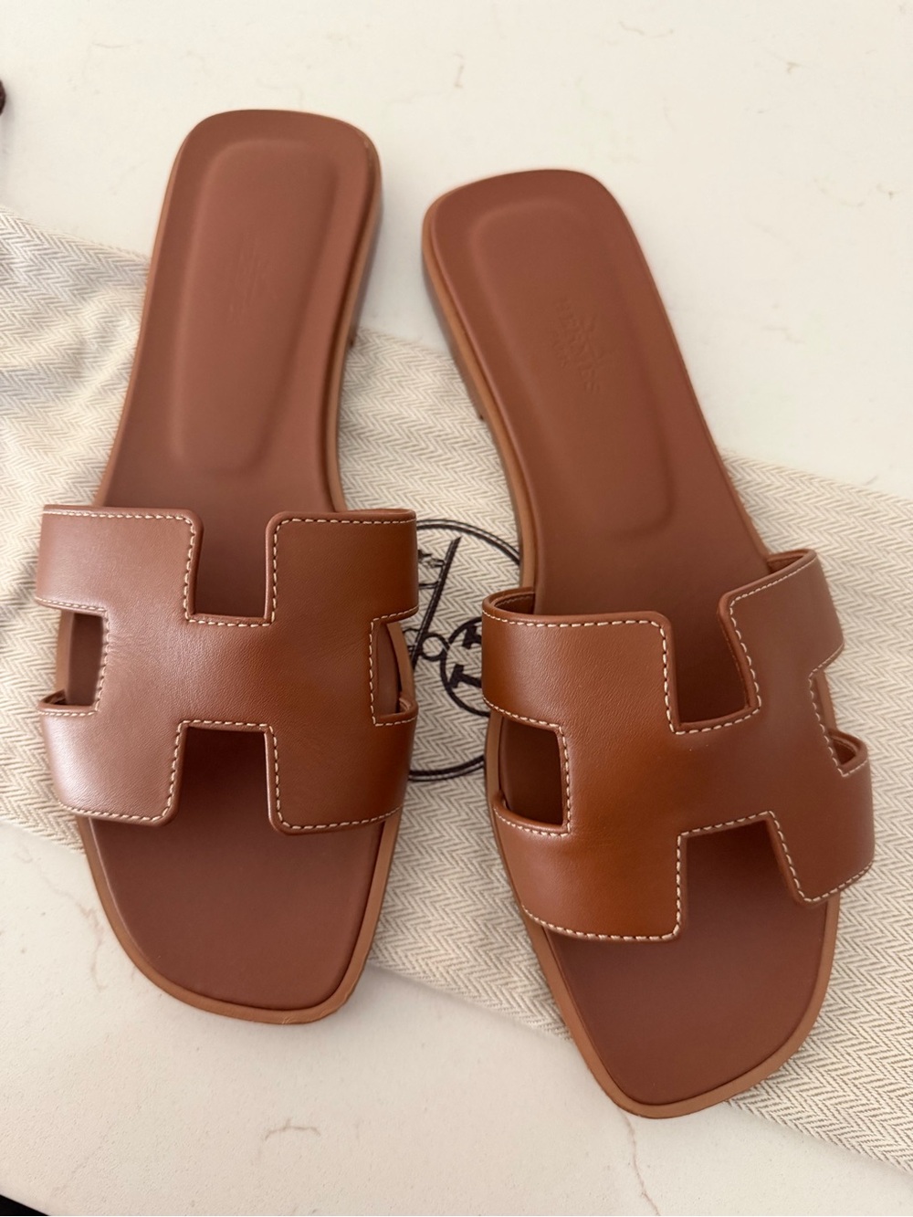 Hermes Oran Women's Brown Leather Slide Sandals